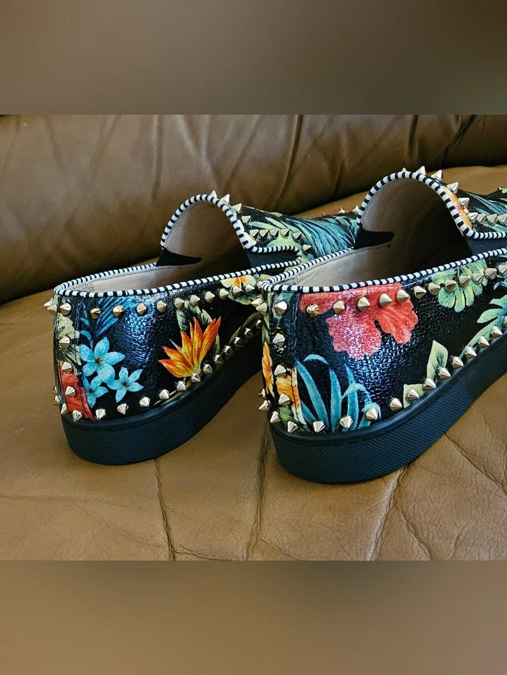 Men's Christian Louboutin Floral Spike-Studded Slip-On Loafers Size 11 US